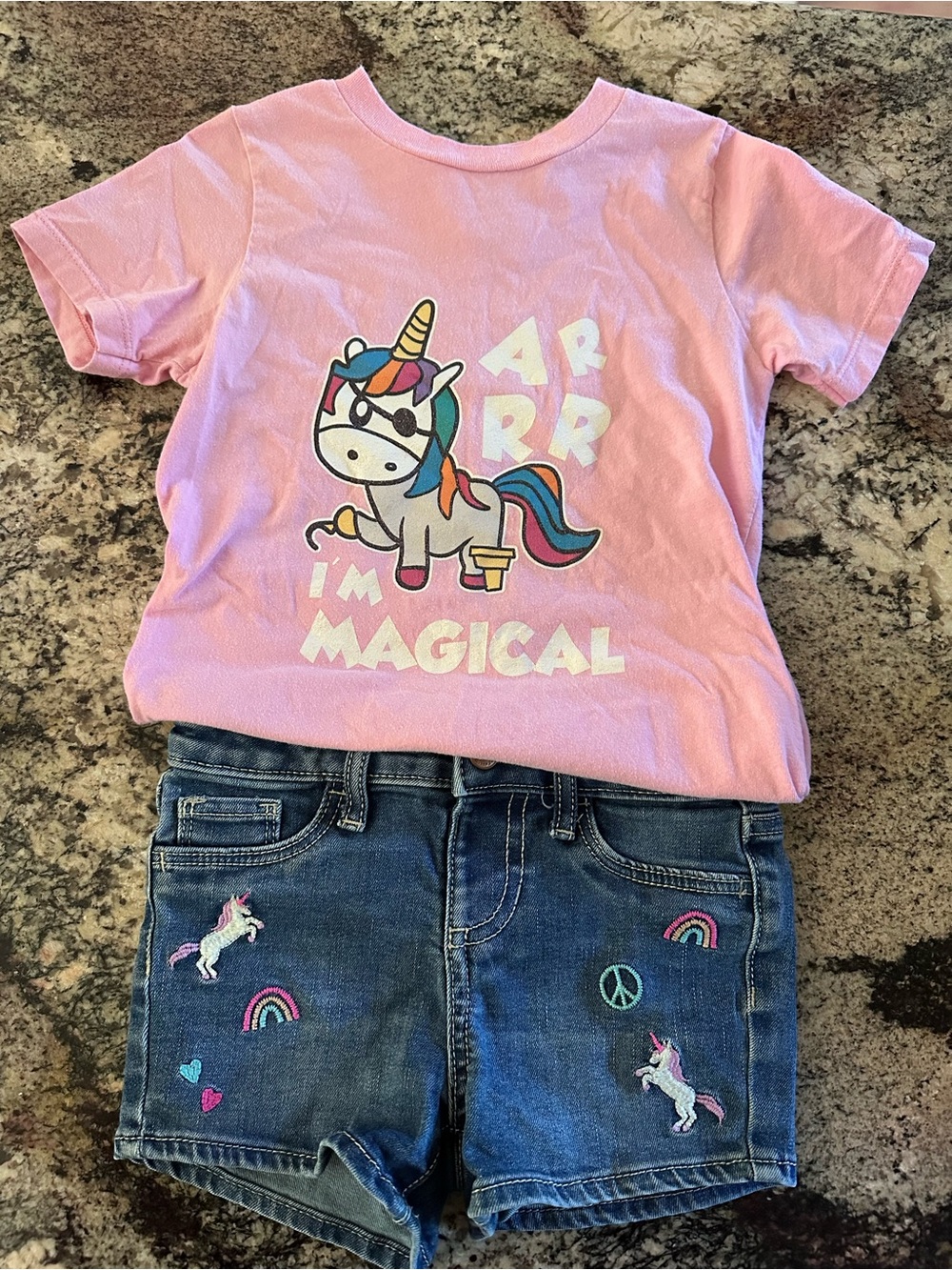 Unicorn Pirate Graphic Tee & Jumping Beans Unicorn Denim Shorts +BONUS